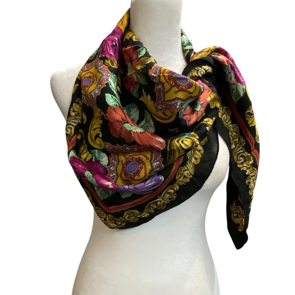 Jacqueline Ferrar Multi Color Bright Black Purple Floral square 100% Silk Scarf
